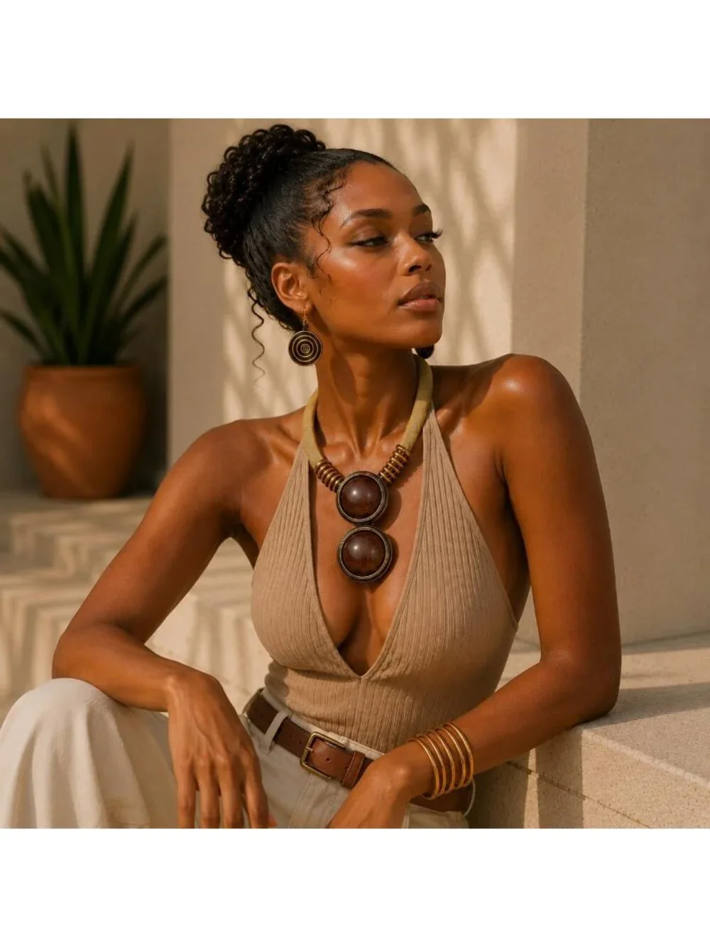 Chunky Gold Mesh Bib Necklace Set with Round Pendant & Spiral Earrings - Artisan